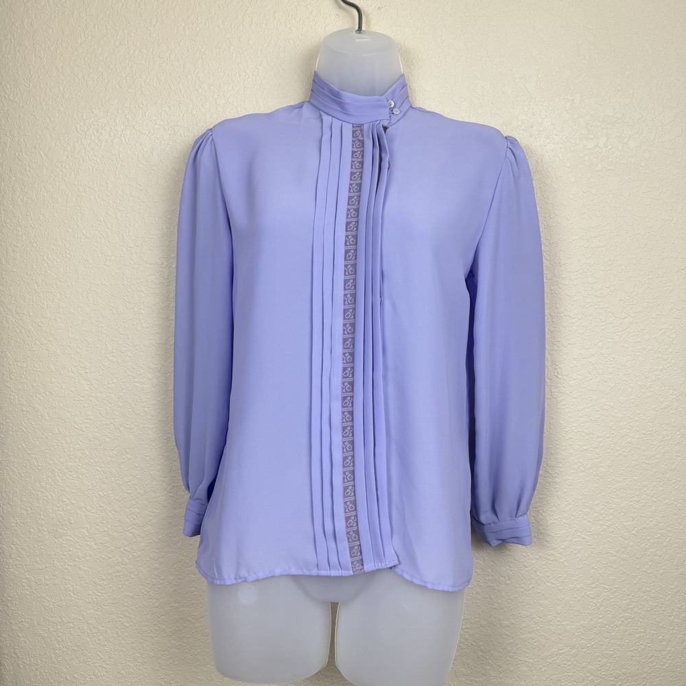 Vtg Anne French Purple High Neck Lace Pintuck Blouse Secretary Retro Sz 6 *read
